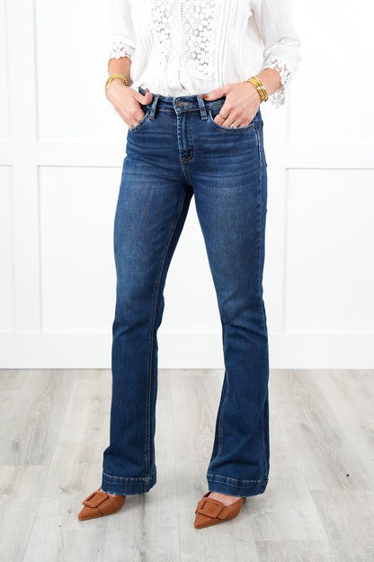 Vervet High Rise Dark Wash Trouser Hem Bootcut Jeans