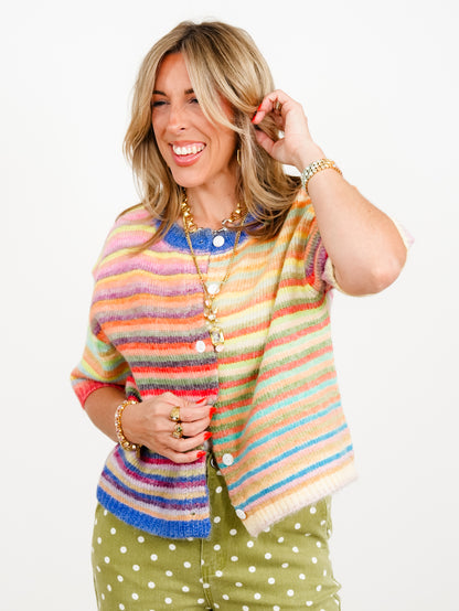 Rainbow Stripe Short Sleeve Button Down Cardigan