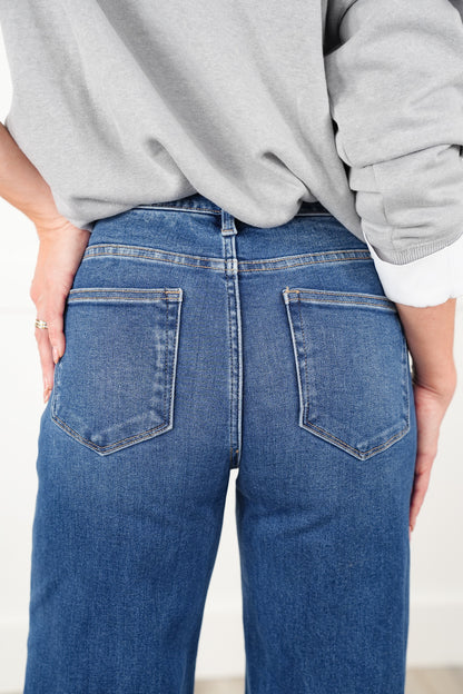 Risen High Rise Dark Wash Tummy Control Wide Leg Long Inseam Cuffed Jeans
