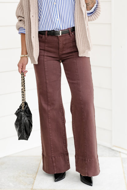 Risen Espresso Lane Mid Rise Brown Tummy Control Wide Leg Jeans with Large Wide Hem