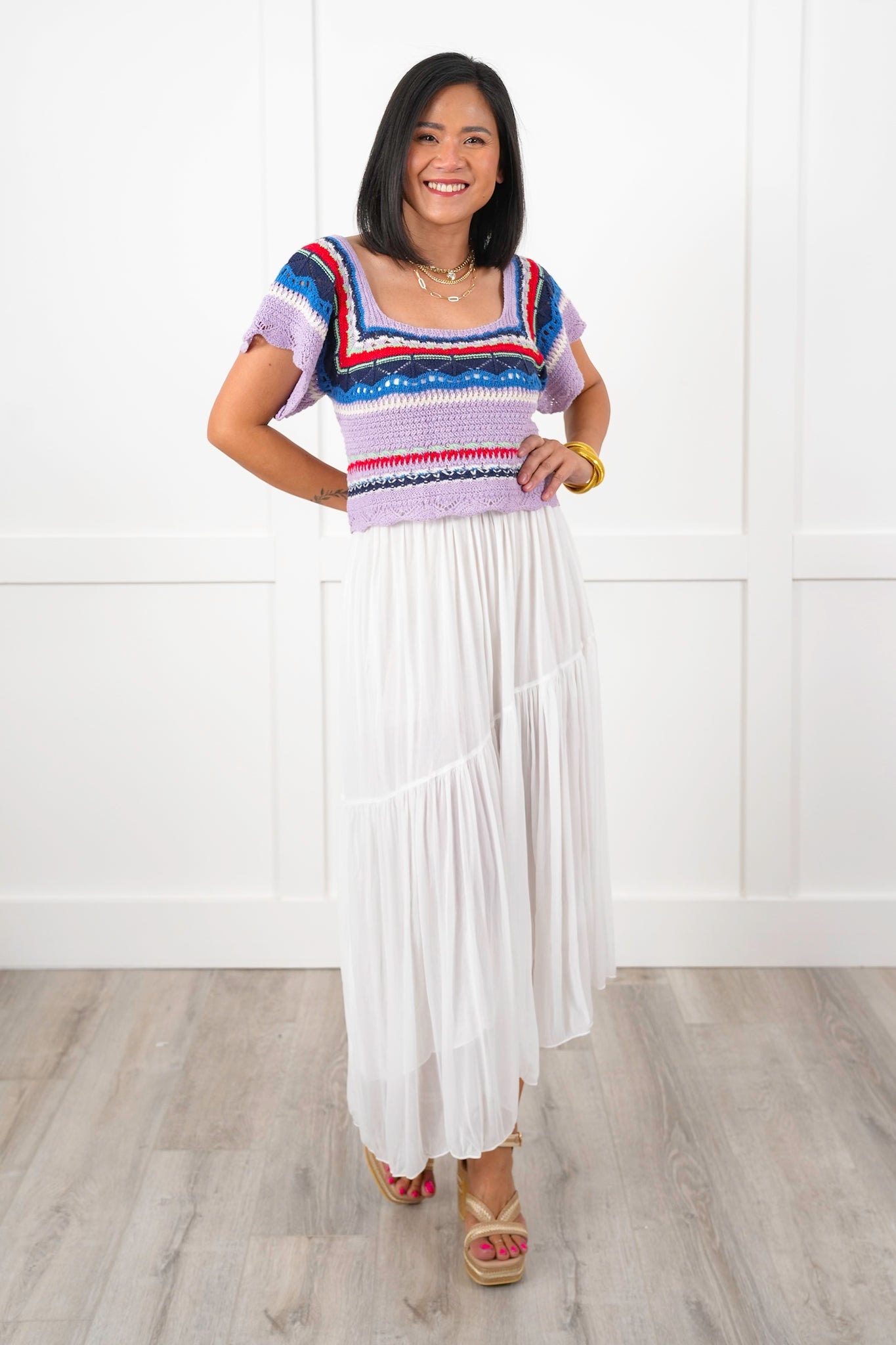 POL Multi Stripe Short Sleeve Square Neck Crop Sweater Top