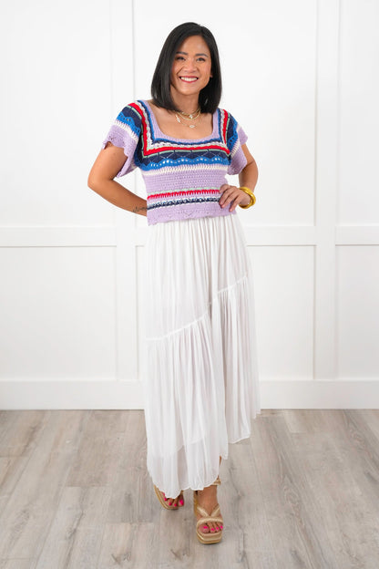 POL Multi Stripe Short Sleeve Square Neck Crop Sweater Top