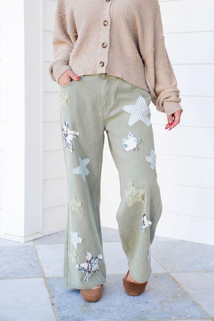 POL Twill Wide Leg Pants with Star Patch Detail