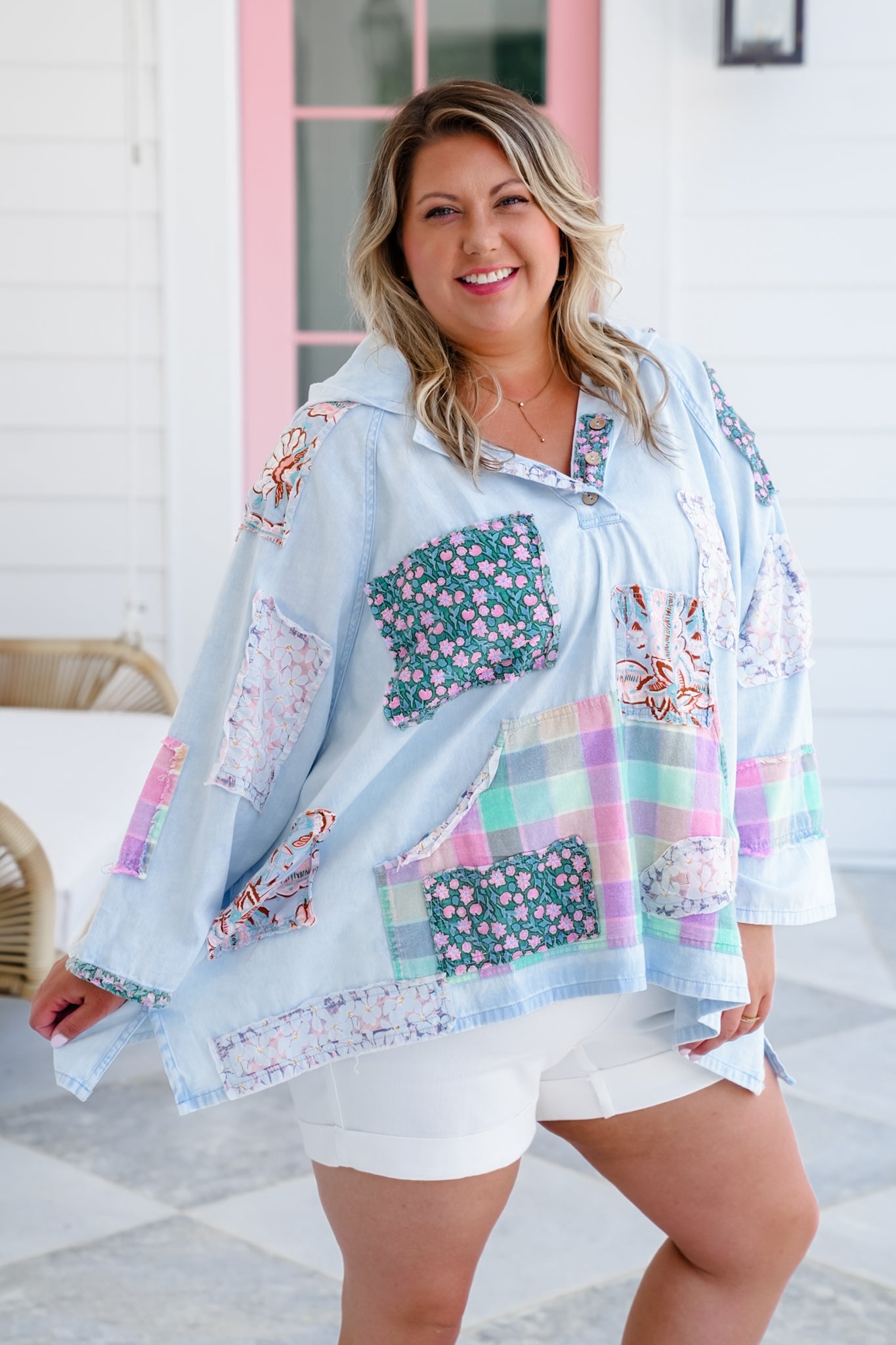 Patchwork 3/4 Sleeve Button Up Hooded Top