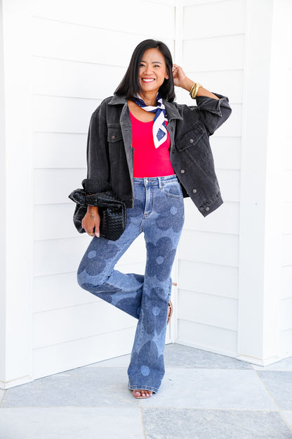Medium Wash Retro Flower Print Boot Cut Jeans