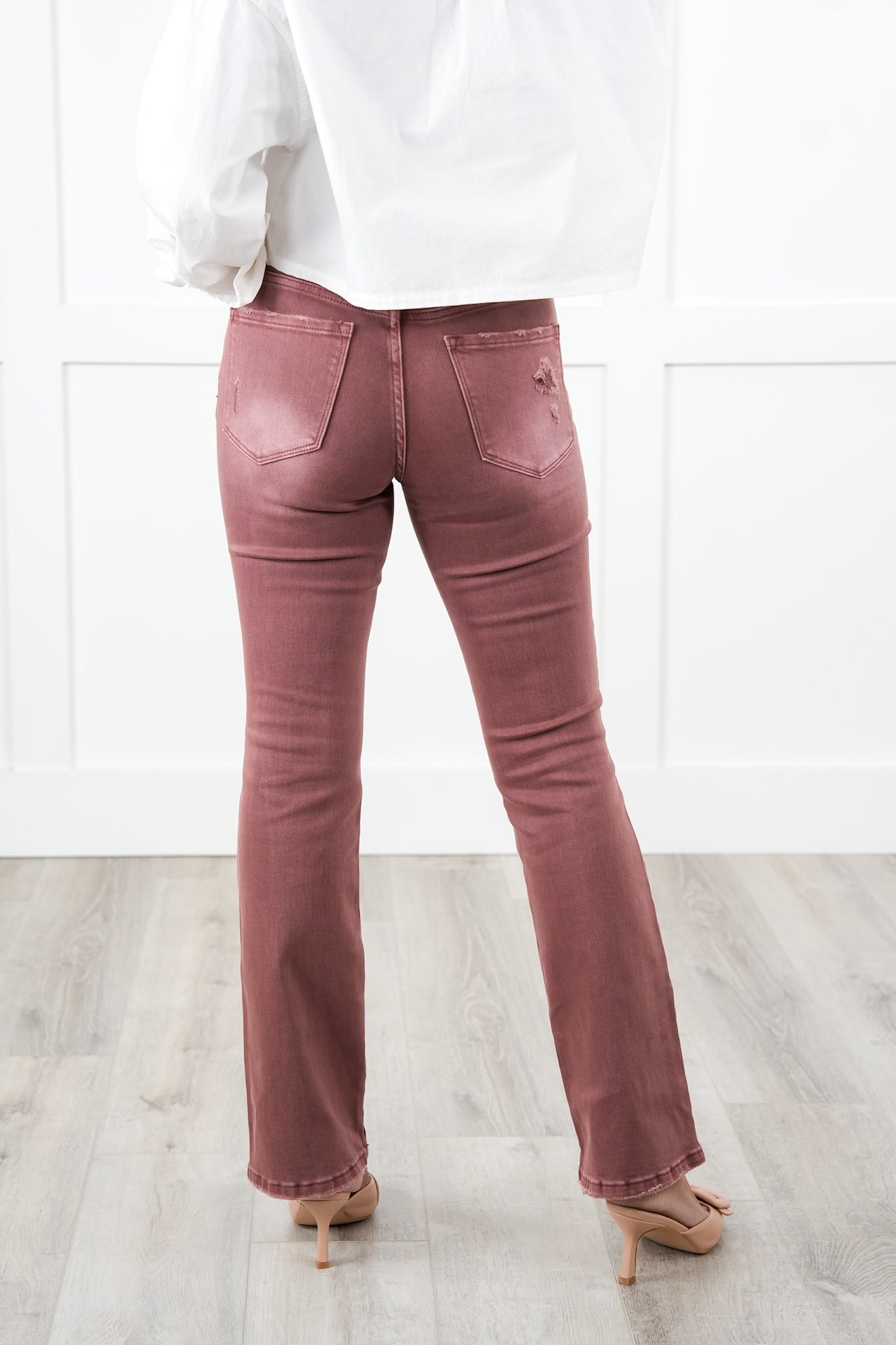 Vervet High Rise Dark Mauve Distressed Bootcut Jeans