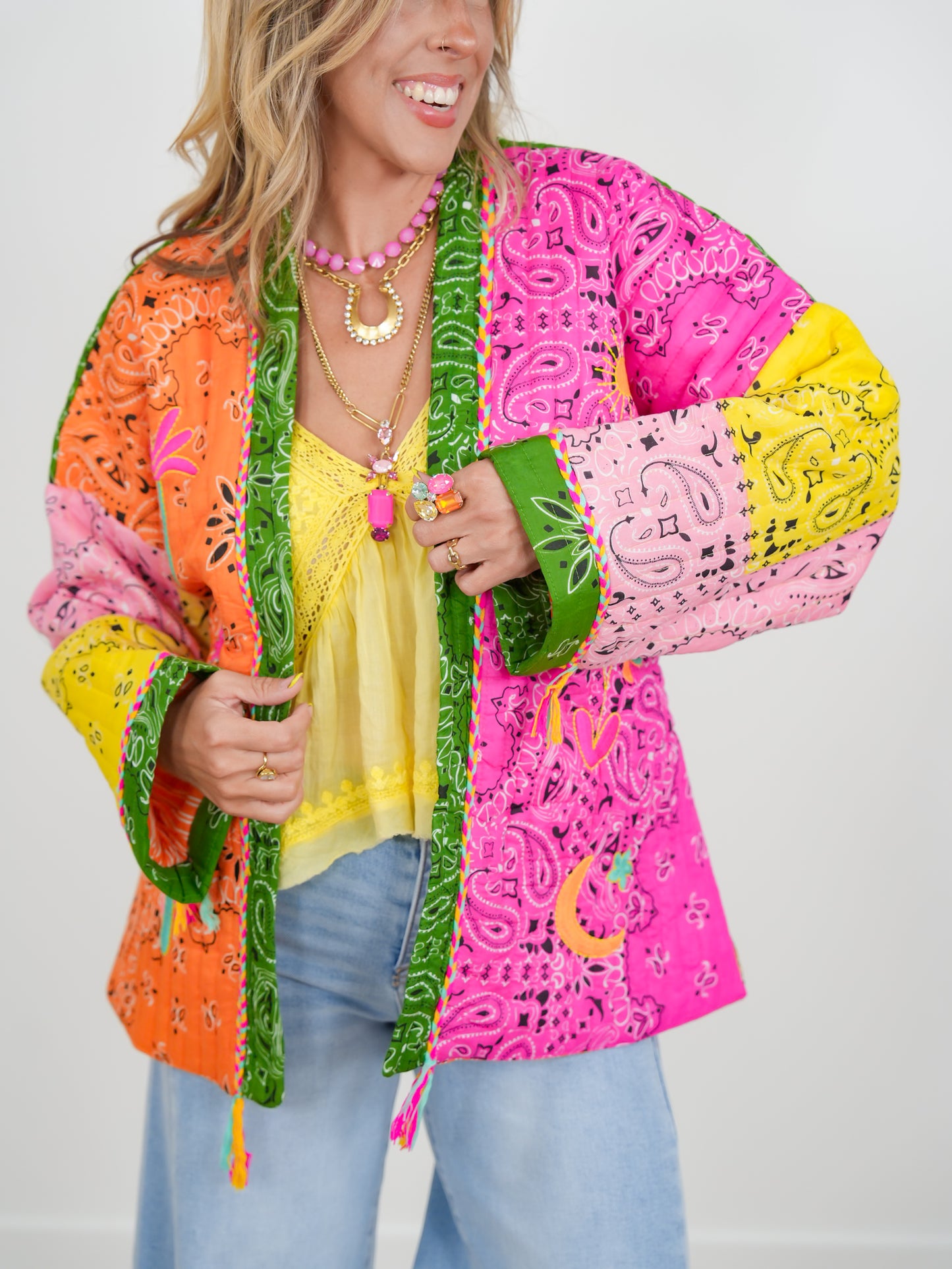 POL Quilted Patchwork Print Long Sleeve Kimono Jacket