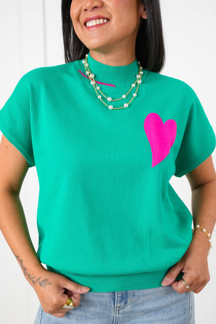 Short Sleeve Mock Neck Sweater with Heart Detail