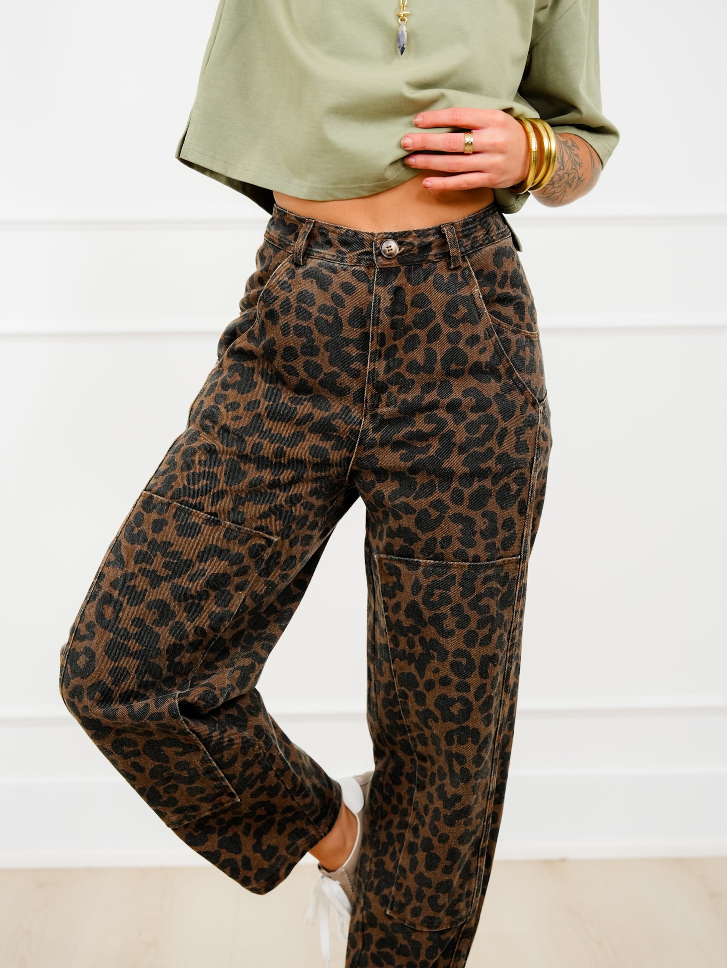 Leopard Print Twill Mid Rise Barrel Pants