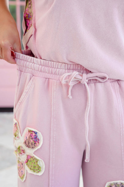 Mineral Washed Elastic Waistband Pants with Floral Patch Detail