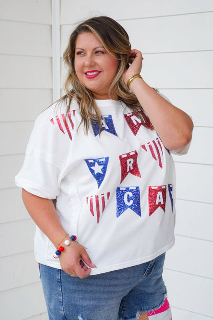 Short Sleeve  Top With Sequin "America" Flags Detail