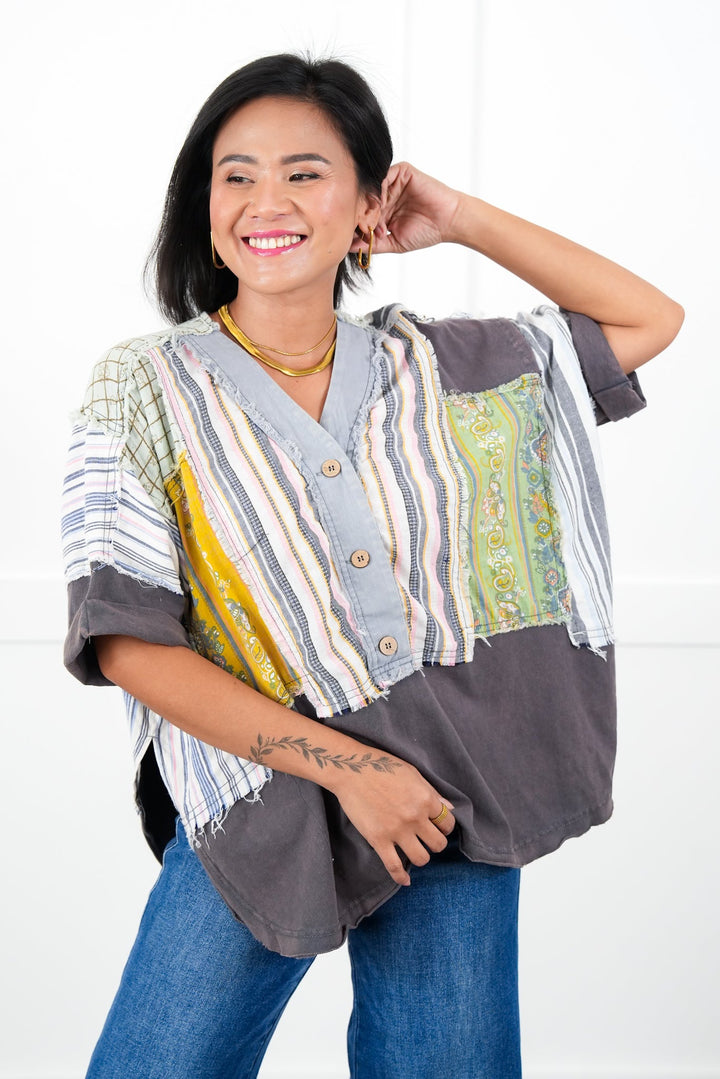 Color Block Short Sleeve Button Up Top with Print Contrast Detail