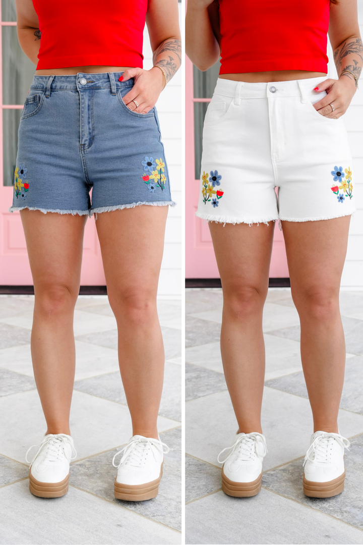 Stretch Denim Shorts with Floral Embroidery Detail