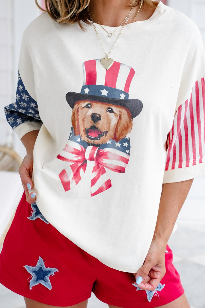 Short Stripe Sleeve Americana Puppy Graphic Tee Shirt