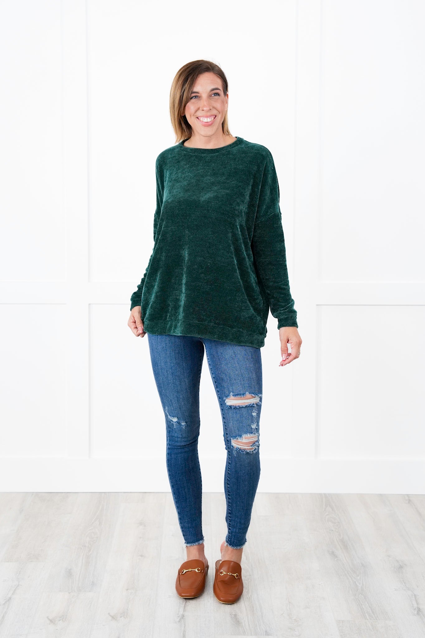 Plus/Reg Solid Chenille Long Sleeve Round Neck Top (Multiple Colors)