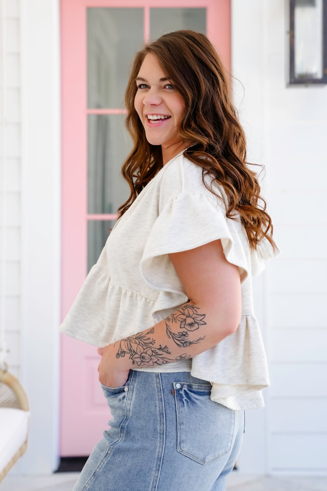 Short Ruffle Sleeve Hooded Cropped Top