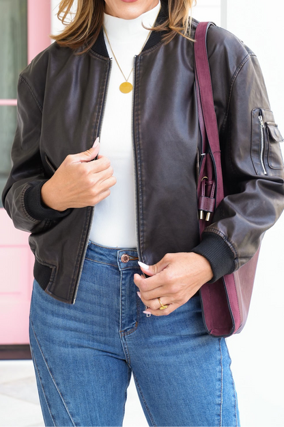 Plus/Reg Vegan Leather Long Sleeve Bomber Jacket