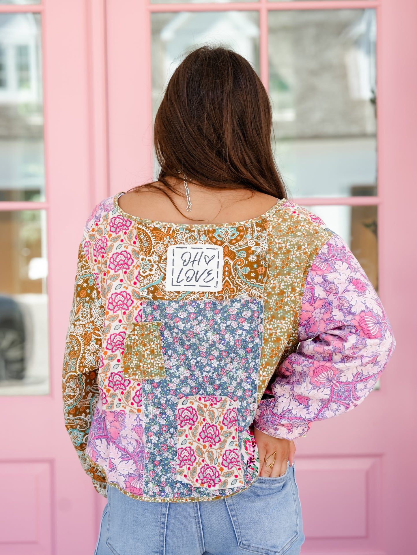 Patchwork Print Long Sleeve Tie Front Top