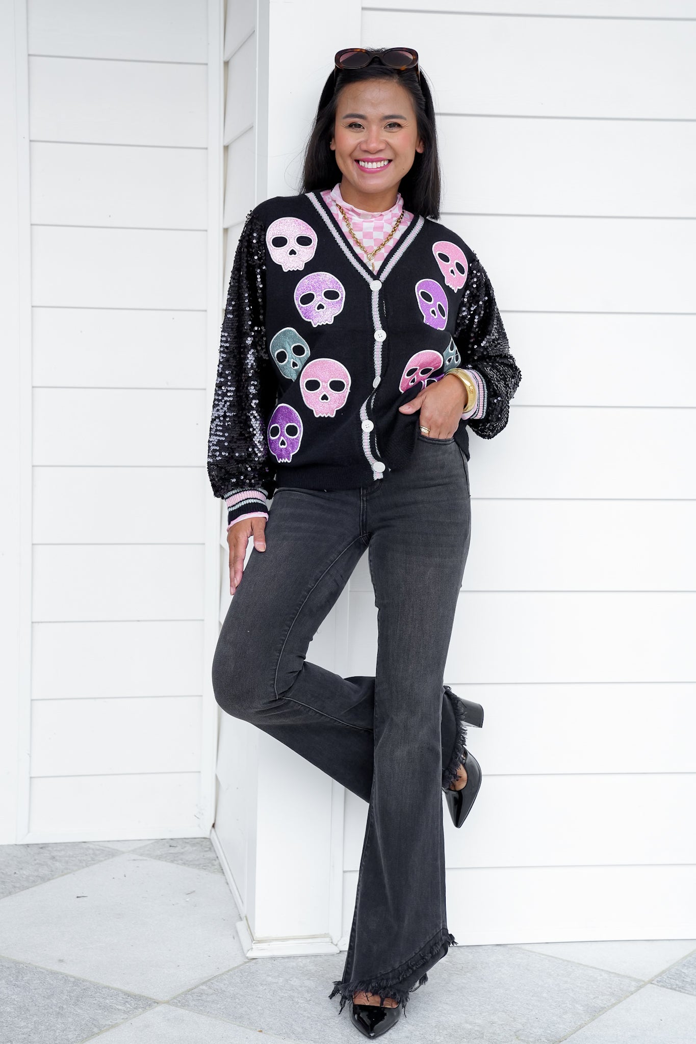 Plus/Reg Glitter Skulls Cardigan with Sequins