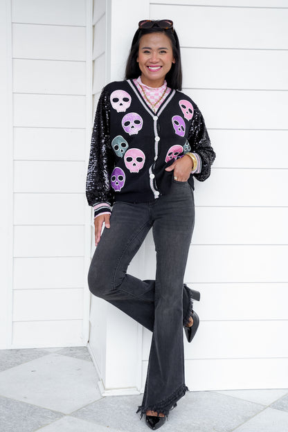 Plus/Reg Glitter Skulls Cardigan with Sequins