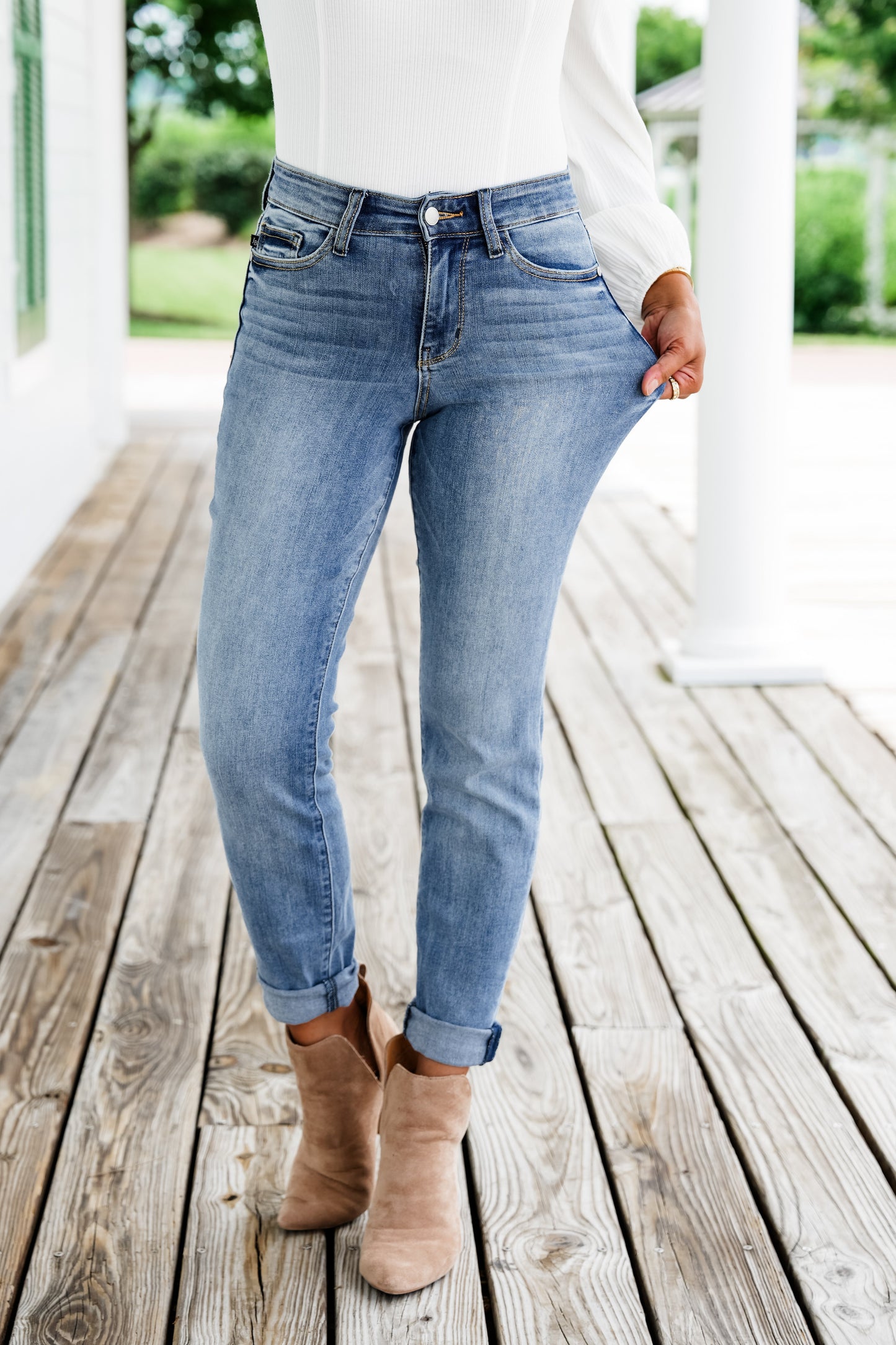 Judy Blue Get to Work Mid Rise Medium Wash Cuffed Slim Jeans