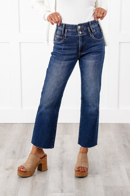 Special A High Rise Dark Wash Dad Jeans with Double Waist Detail