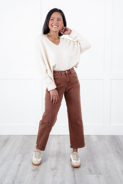 Risen High Rise Brown Cropped Wide Leg Barrel Jeans
