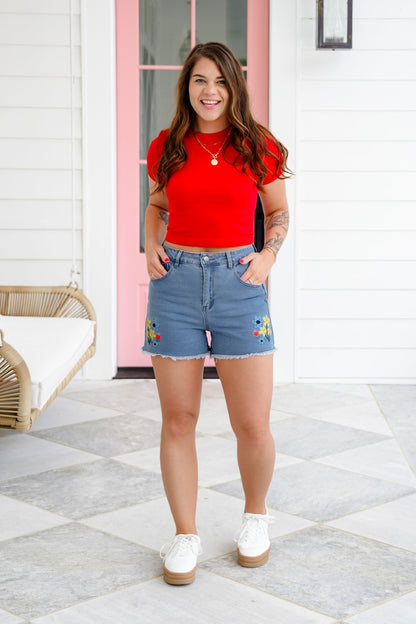 Stretch Denim Shorts with Floral Embroidery Detail