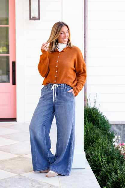 Judy Blue High Rise Dark Wash Elastic Waistband Featherweight Palazzo Jeans