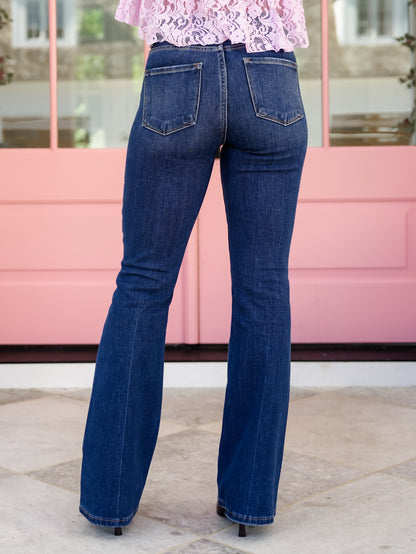 Risen High Rise Dark Wash Multi Inseam 4-Way Stretch Flare Jeans