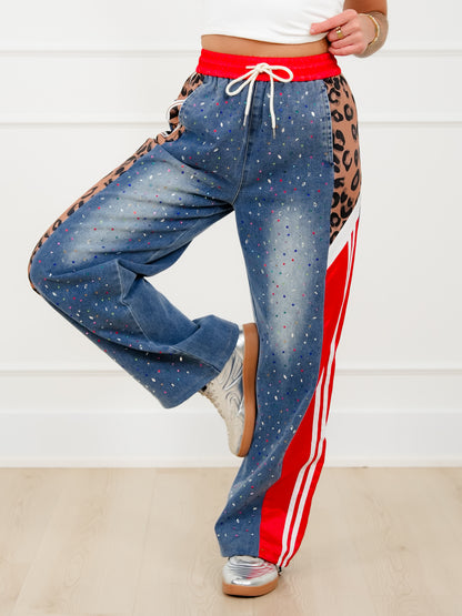 Plus/Reg Rhinestone Elastic Waist Denim Track Pants
