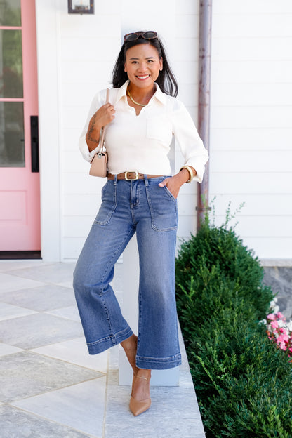 Lovervet High Rise Medium Wash Wide Leg Jeans with Utility Pocket