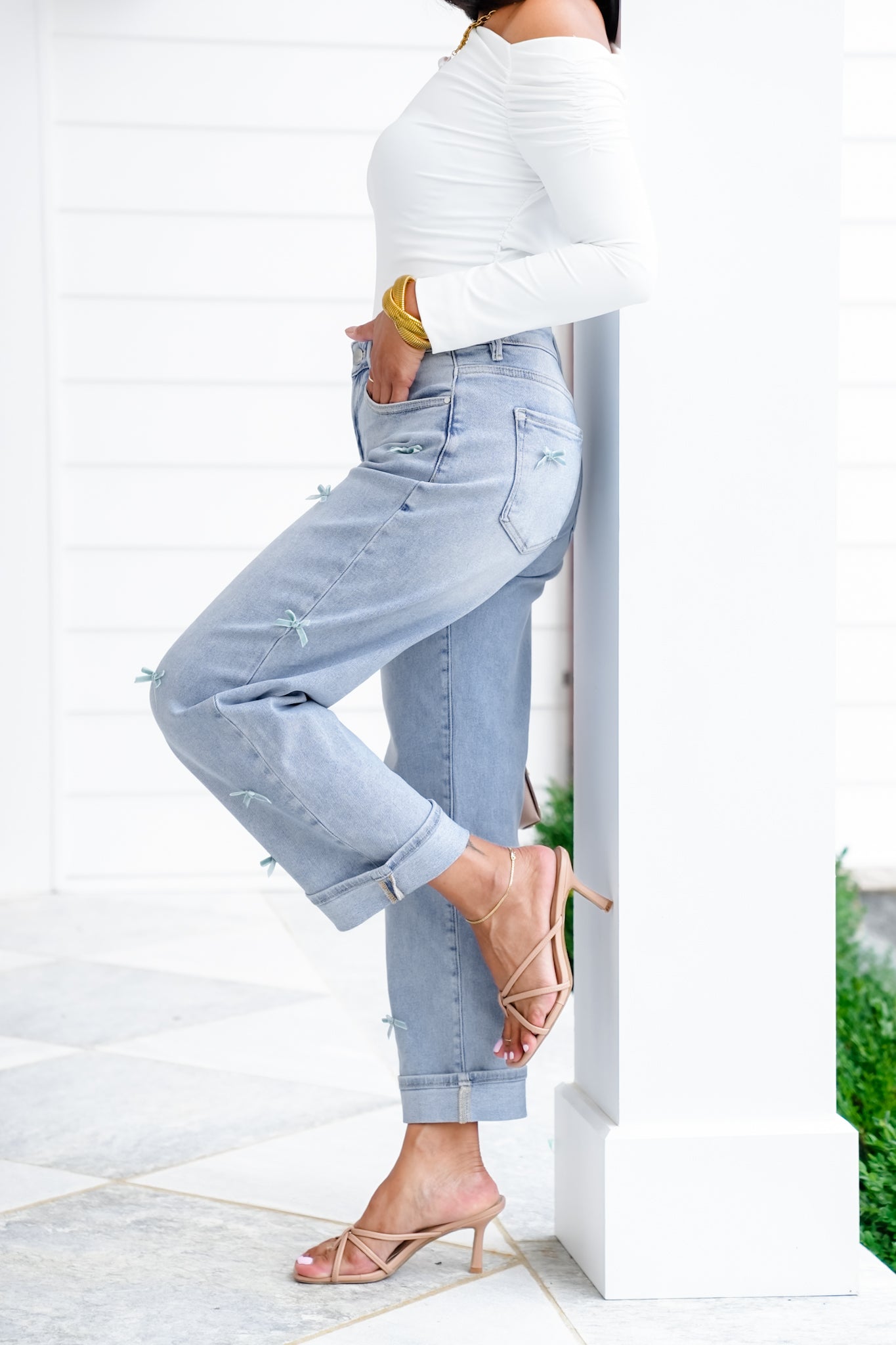 Risen High Rise Light Wash Crop Barrel Jeans with Bow Detail