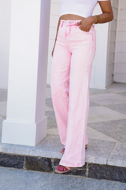 FP x Risen High Rise Acid Pink Tummy Control Wide Leg Jeans