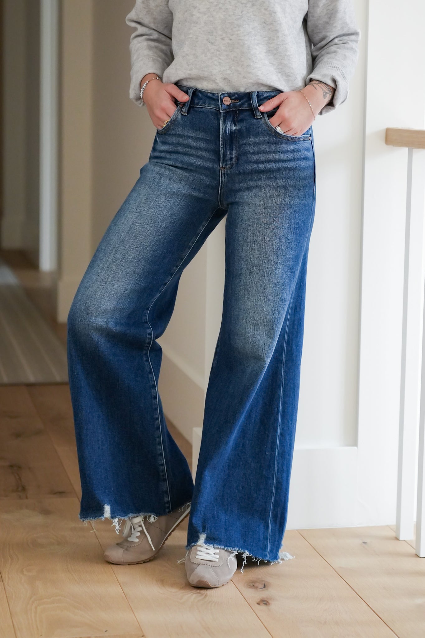 Risen High Rise Dark Wash Wide Leg Jeans