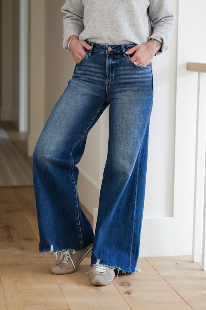 Risen High Rise Dark Wash Wide Leg Jeans