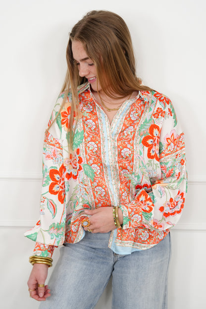 Floral Pattern Long Sleeve Button Up Blouse