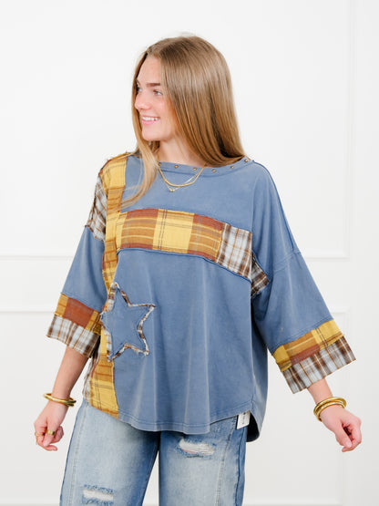 Plaid Mixed 3/4 Sleeve Top with Star Patch