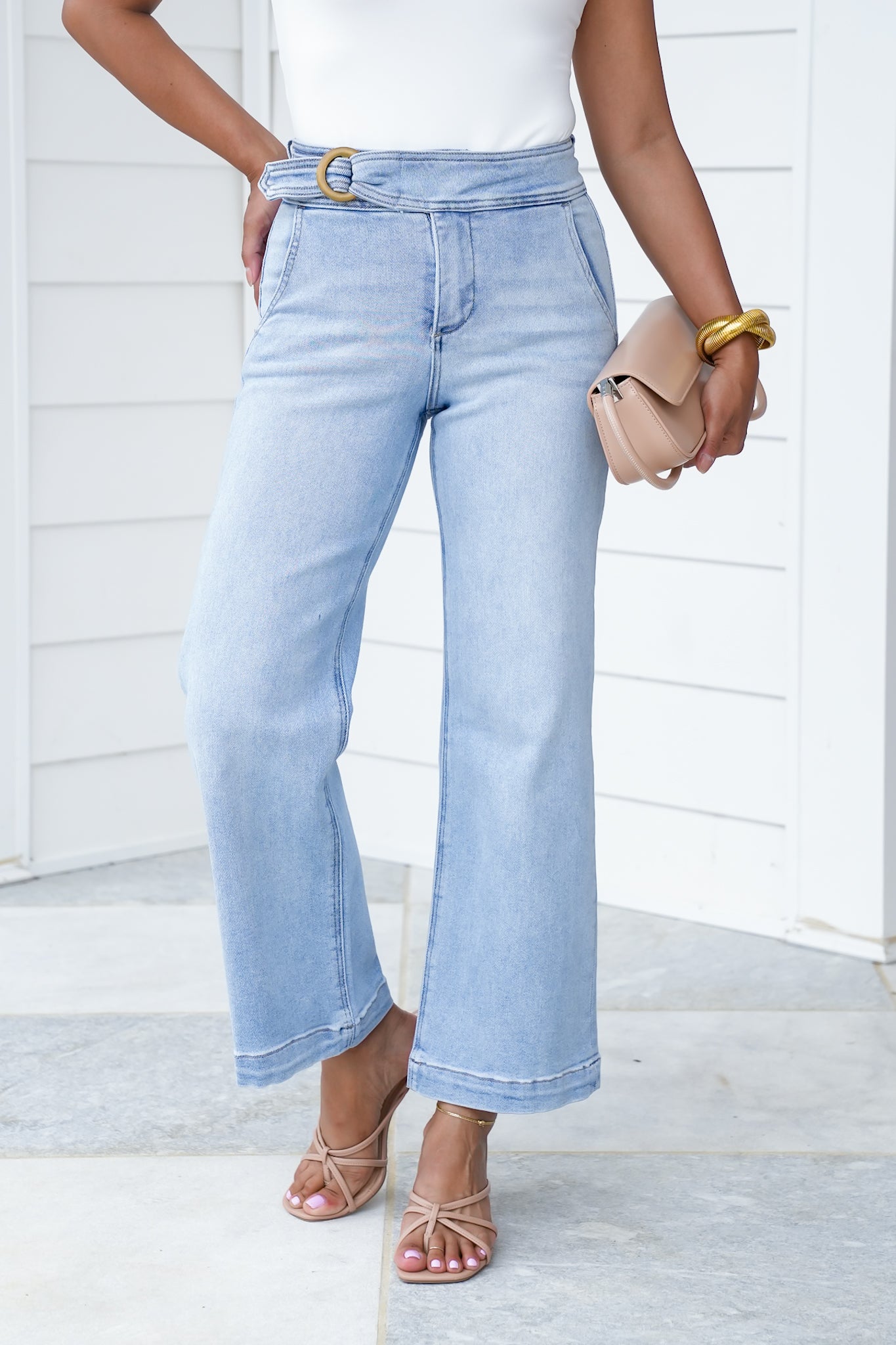 Risen High Rise Light Wash Tummy Control Cropped Wide Leg Jeans with Front Waistband Detail