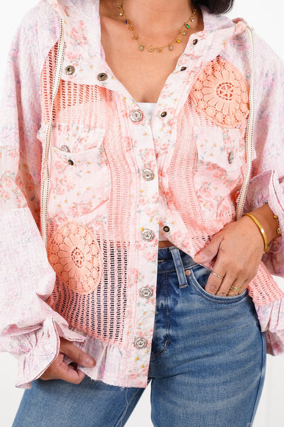 POL Crochet and Floral Long Sleeve Hooded Jacket