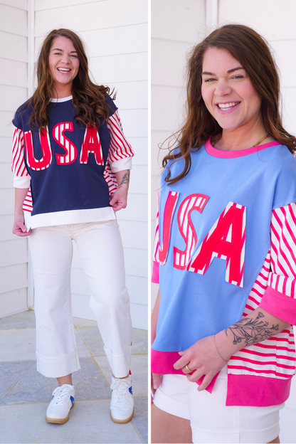 Restock! USA Lettering Patchwork Short Sleeve Pullover Top
