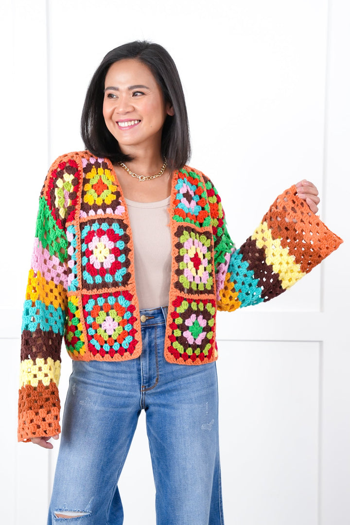 Crochet Granny Square Long Sleeve Cropped Open Cardigan