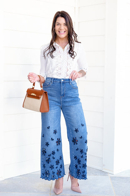 The Bluebelle Wide Leg Relax Fit Jeans with Floral Cutout