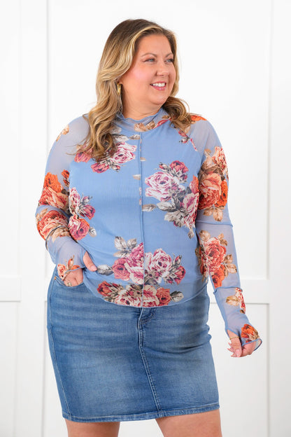 Plus/Reg Blue Floral Long Sleeve Mock Neck Mesh Top