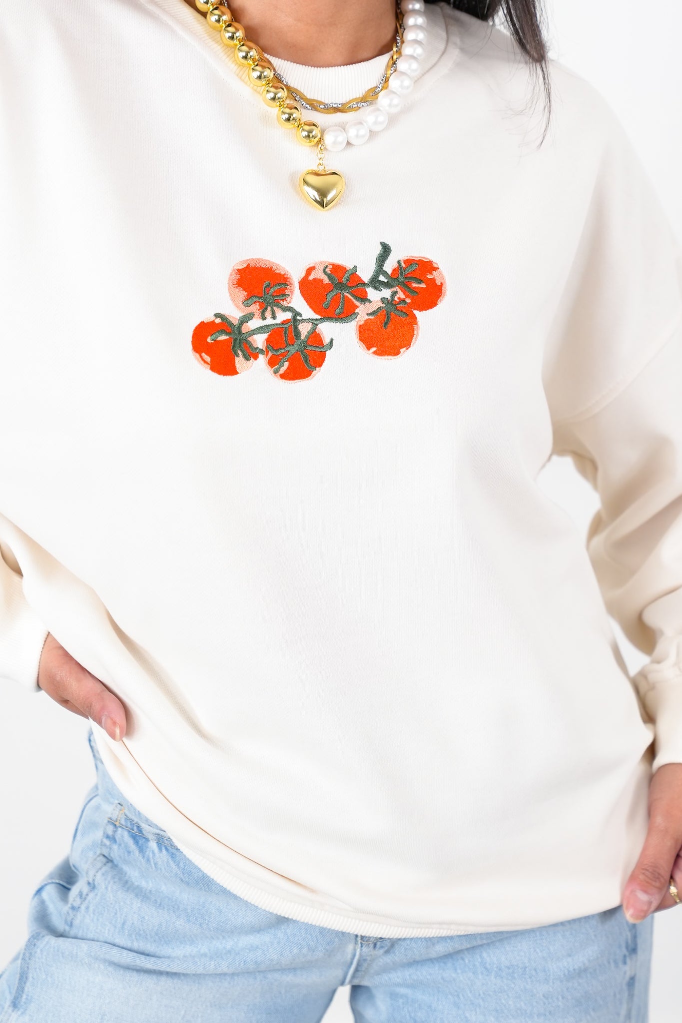 Long Sleeve Sweatshirt with Embroidered Tomatoes Detail