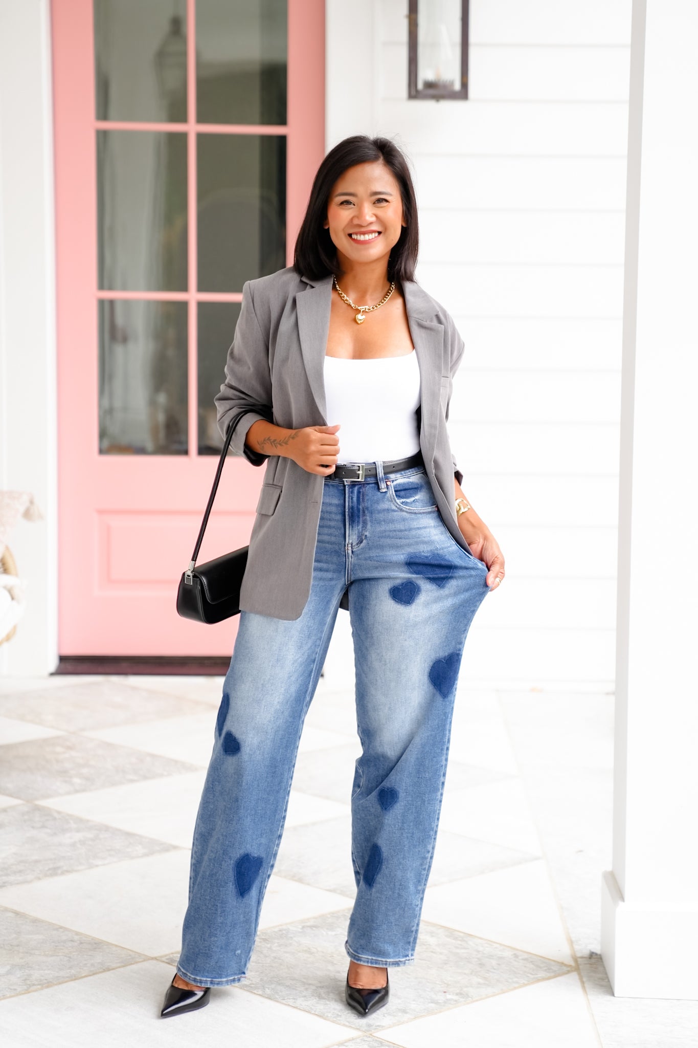Risen High Rise Medium Wash Heart Print Wide Leg Jeans