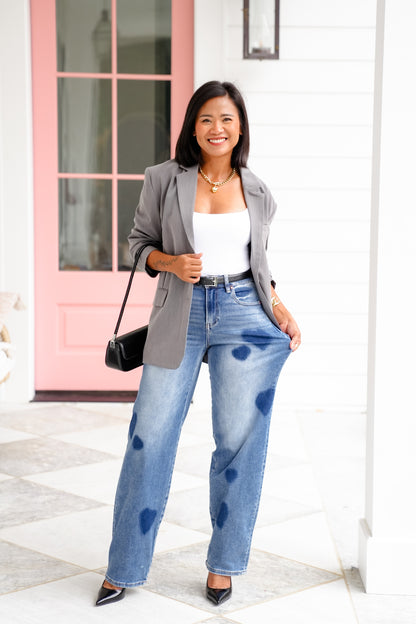Risen High Rise Medium Wash Heart Print Wide Leg Jeans