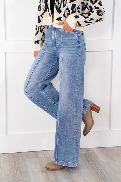 Risen High Rise Medium Wash Pintuck Detailed Wide Leg Jeans
