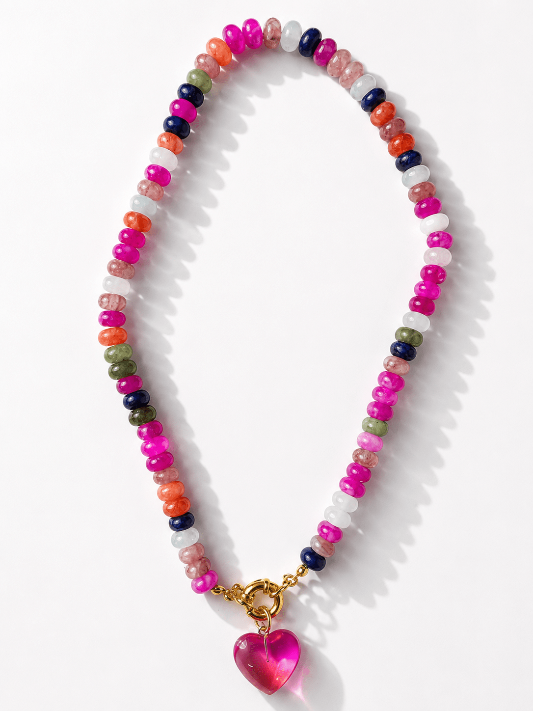 Multi Color Natural Stone Beaded Necklace with Heart Charm - Freckled Poppy