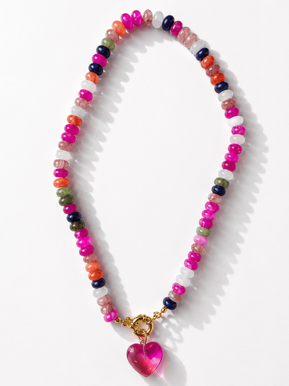 Multi Color Natural Stone Beaded Necklace with Heart Charm - Freckled Poppy